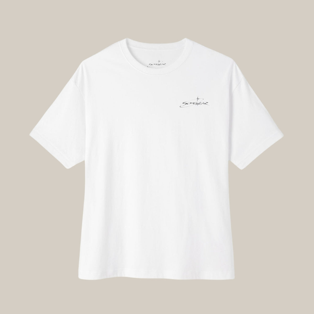 Somewear Boxy Tee in white, front with small Somewear chest script