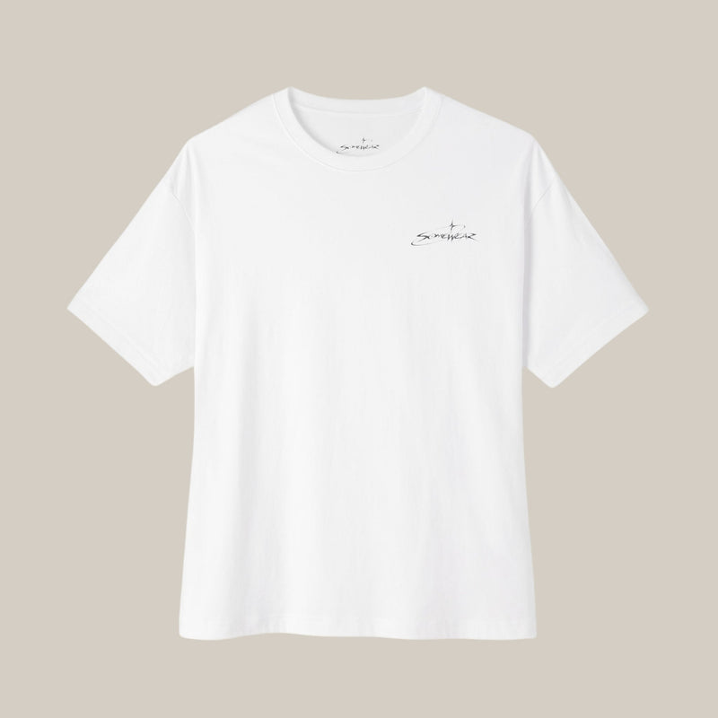Somewear Boxy Tee in white, front with small Somewear chest script