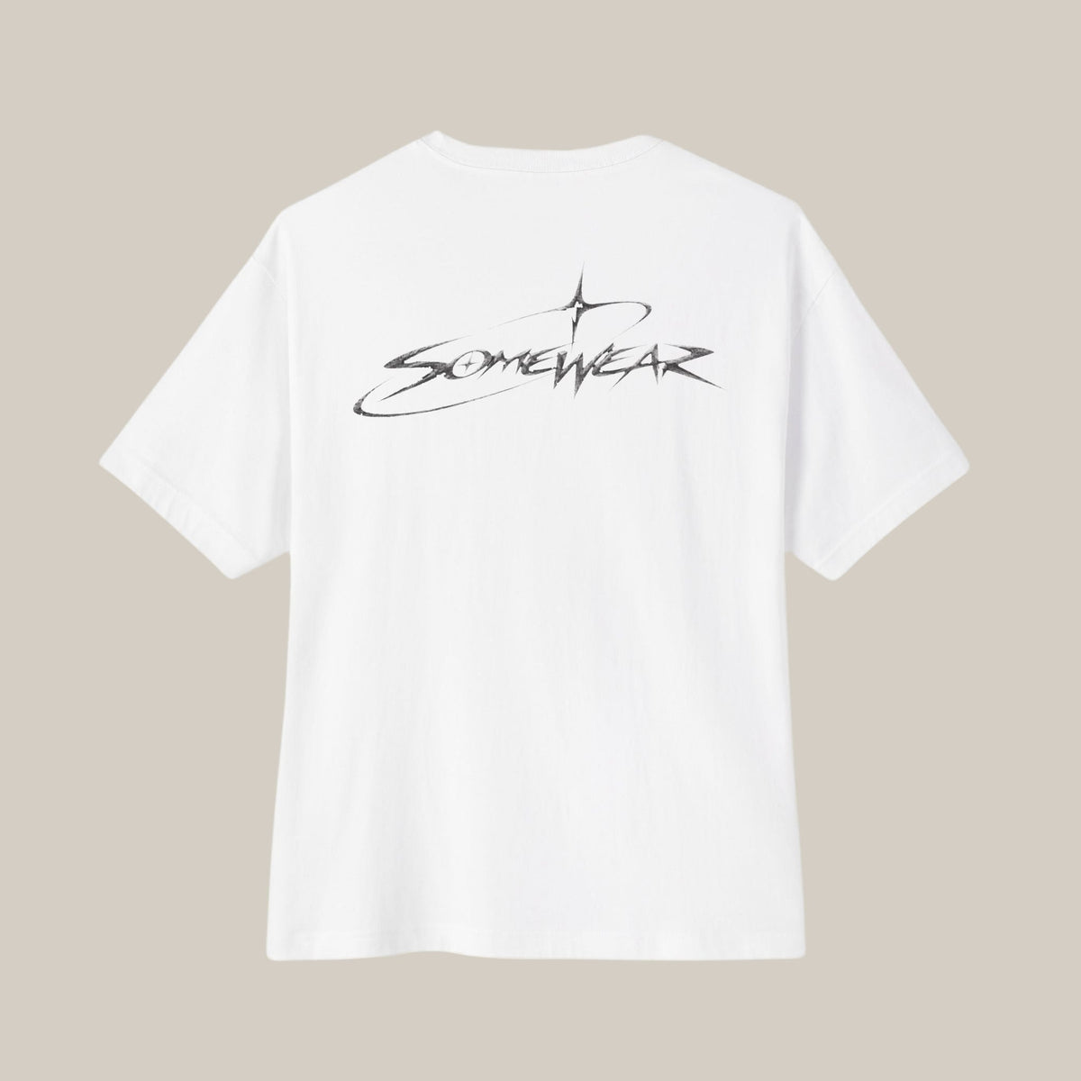 Somewear Boxy Tee in white, back with large Somewear star-and-script print