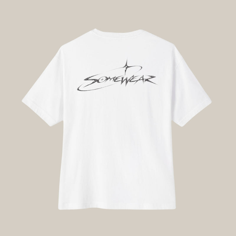 Somewear Boxy Tee in white, back with large Somewear star-and-script print
