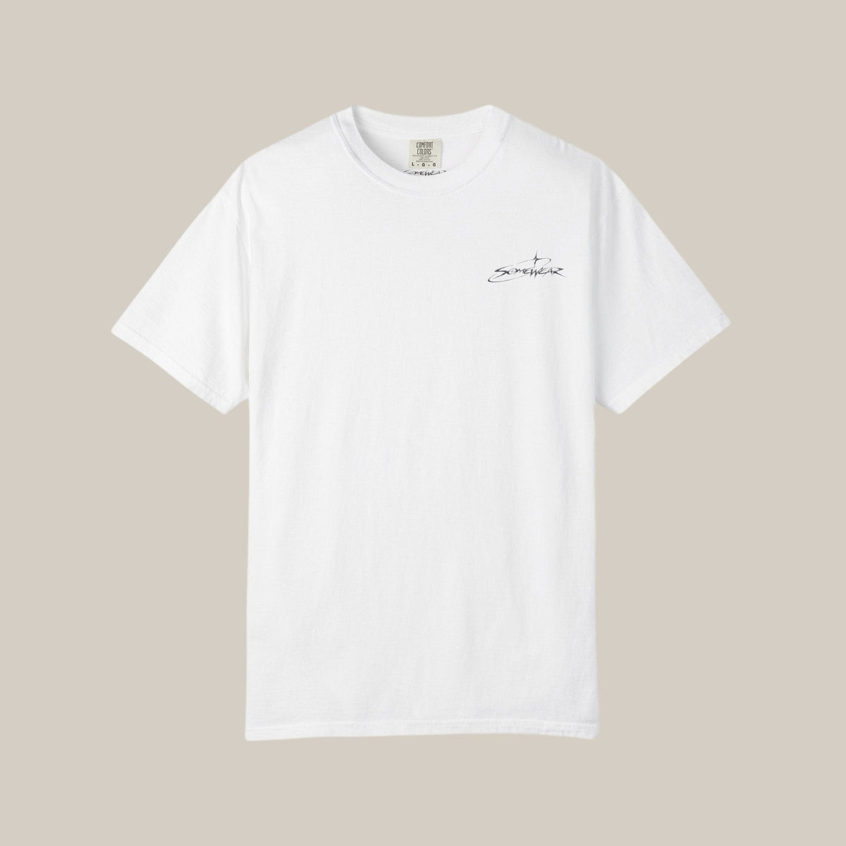 Somewear Script Tee in white, front with small Somewear chest script