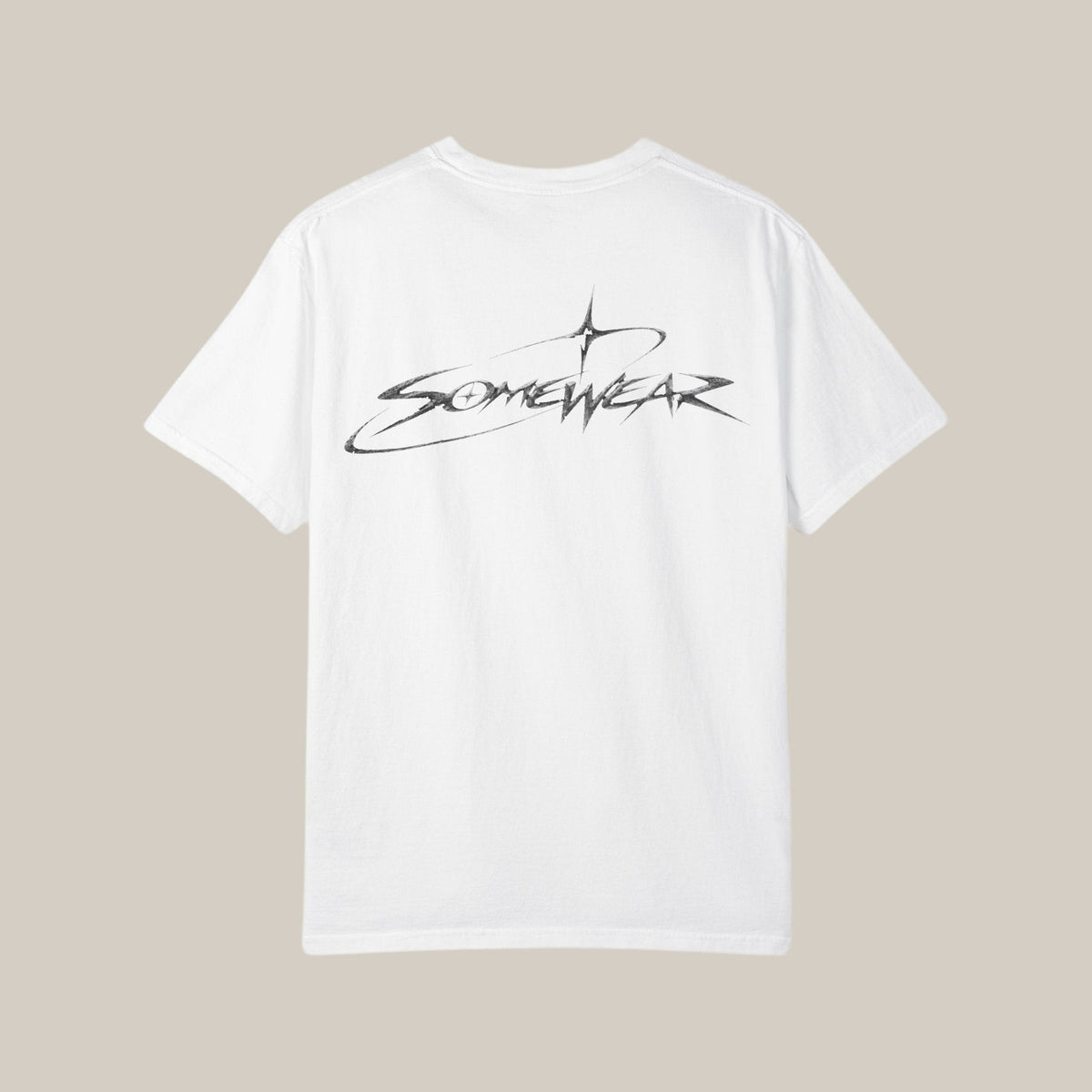 Somewear Script Tee in white, back with large brushed Somewear logo