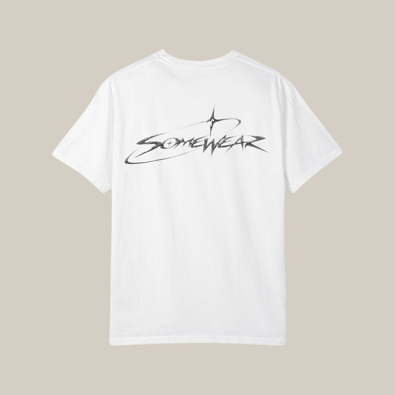 Somewear Script Tee in white, back with large brushed Somewear logo