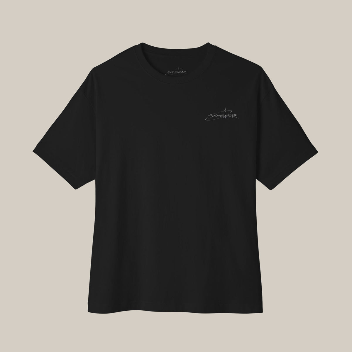 Somewear Boxy Tee in black, front with subtle Somewear chest script