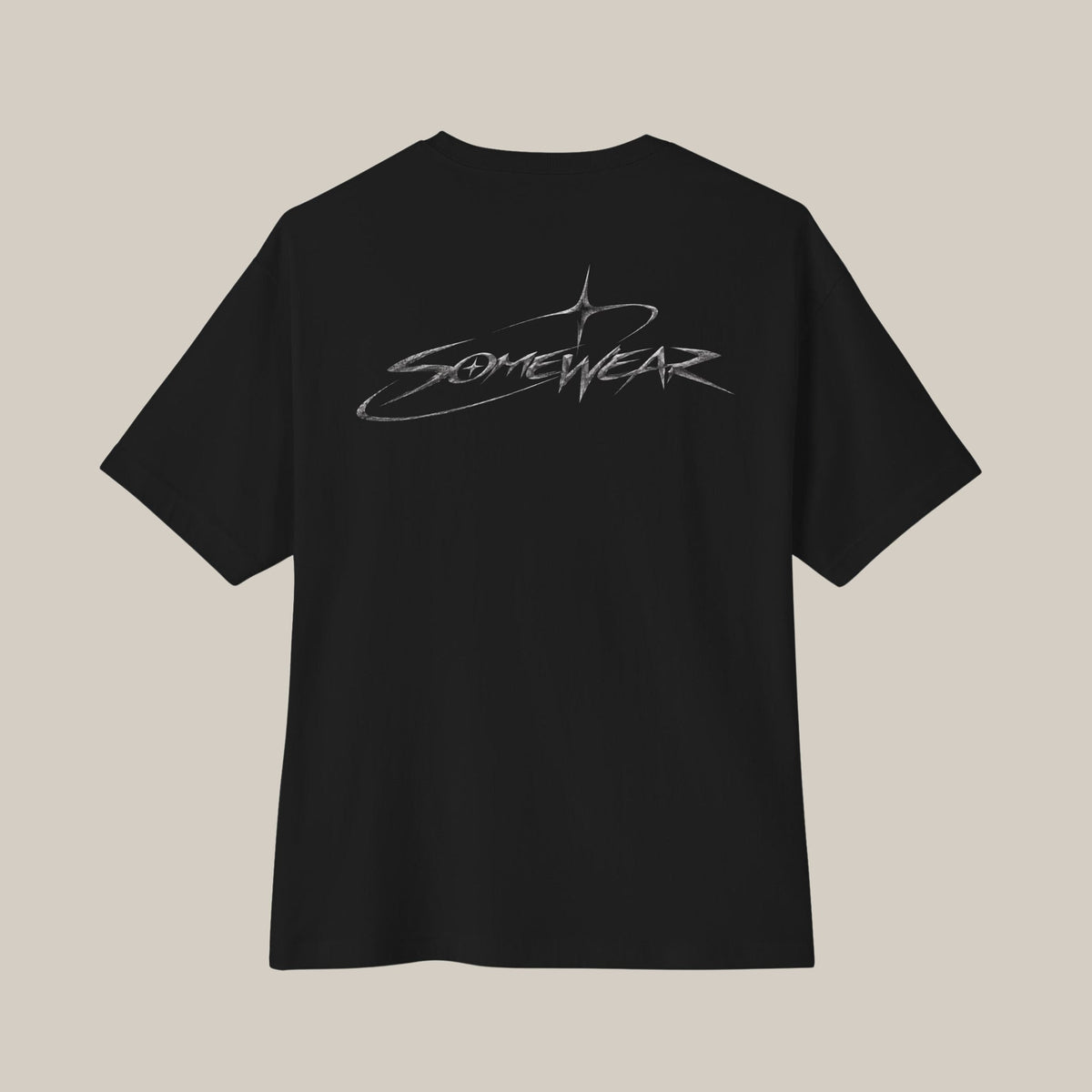 Somewear Boxy Tee in black, back with large Somewear star-and-script print