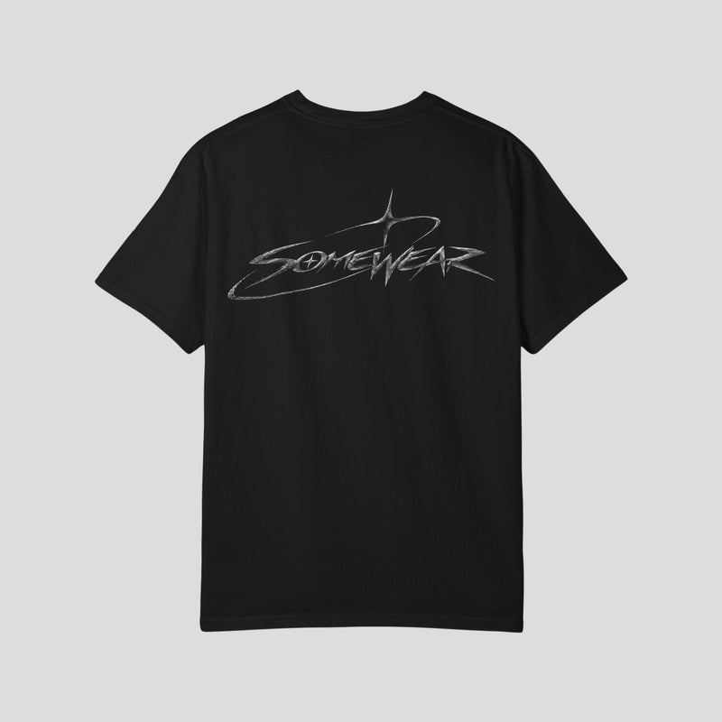 Signature Script Tee in black, back with large brushed Somewear logo