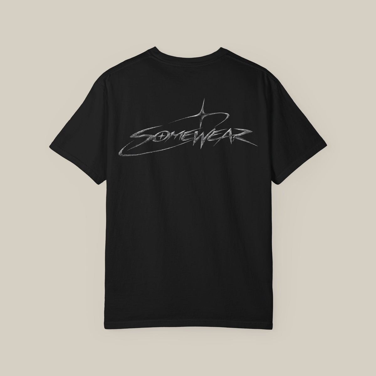 Somewear Script Tee in black, back with large brushed Somewear logo