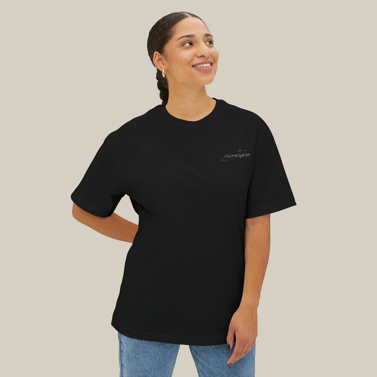 Model wearing the black Somewear Boxy Tee