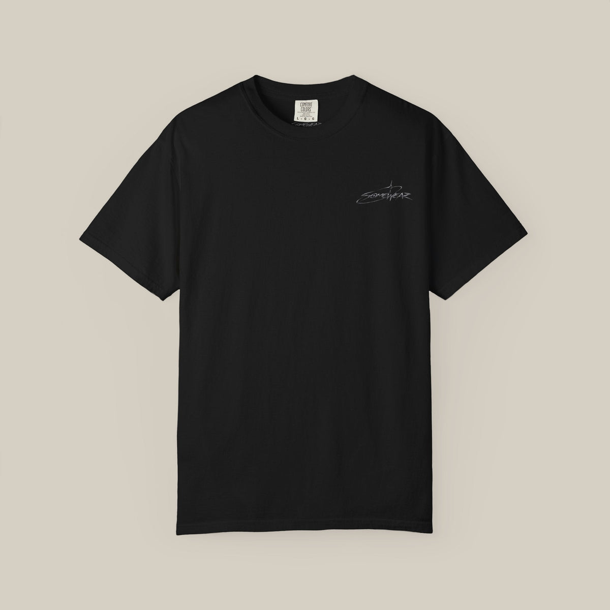 Somewear Script Tee in black, front with small Somewear chest script
