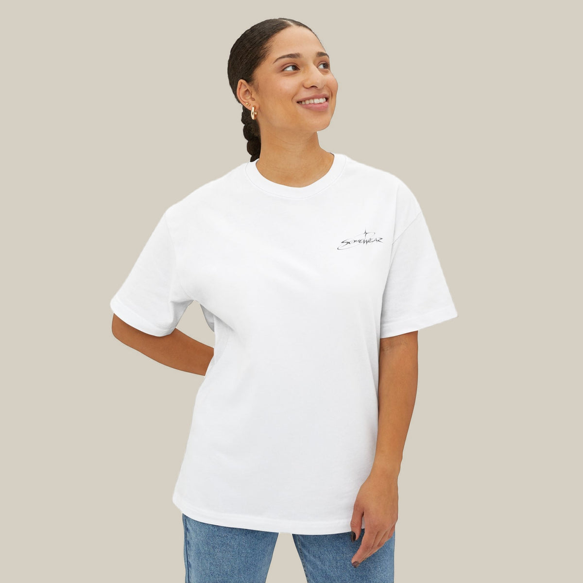 Model wearing the white Somewear Boxy Tee